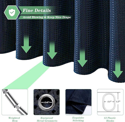 meioro Navy Blue Shower Curtain, Waffle Weave 256GSM Heavy Duty Textured Fabric Shower Curtains for Bathroom Hotel Spa, Luxury Weighted Polyester Cloth Bath Curtain Set with 12 Hooks, 72Wx84H