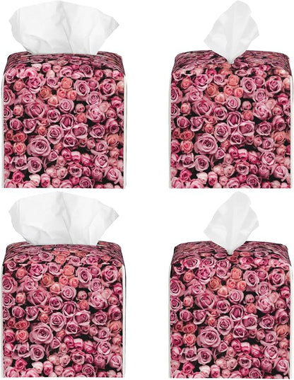 POIUBLE Pink Rose Flower Tissue Box Cover Leather Tissue Box Holder Square Facial Paper Organizer Dispenser for Bathroom Kitchen Bedroom Vanity Countertop Night Stands