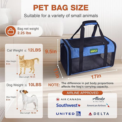 TSA Approved Pet Carrier in Cabin, 17"x11"x9.5" Soft Cat Carriers for Small Cats up to 12 lb, Top-Open Portable Dog Carrier with Litter Box and Anti-Scratch Mesh for Puppy up to 10 lb, Blue