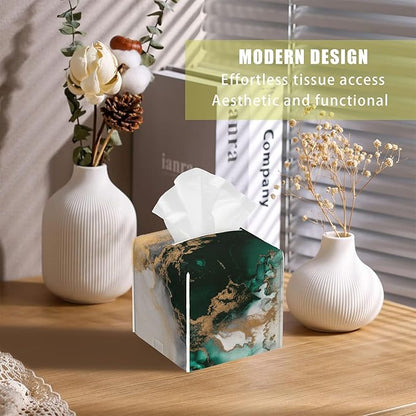 BLYKVGHQ Square Tissue Box Cover Teal and Gold Marble Tissue Box Holder Facial Cube Paper Dispenser Leather Decorative Organizer Home Office Desk Decor, 5.2"x5.2"x5.2"