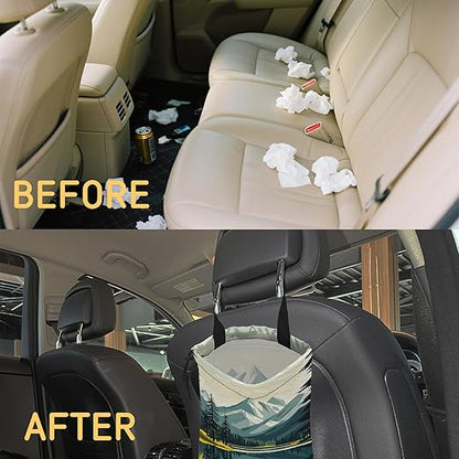 Mountain Lake Car Trash Bag,Forest Tree Strap Drawstring Car Garbage Bags,Car Back Seat Organizer with Adjustable Buckle for Car Accessories