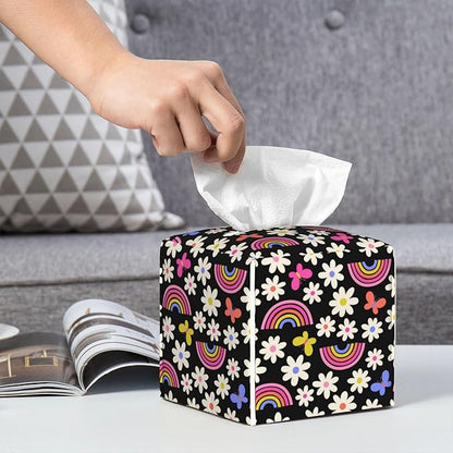 POIUBLE Leather Tissue Box Holder Rainbow Daisy Flower Tissue Box Cover Square Waterproof Tissue Holder Organizer Modern Napkin Holder for Bedroom Dresser Night Stand Office Desk
