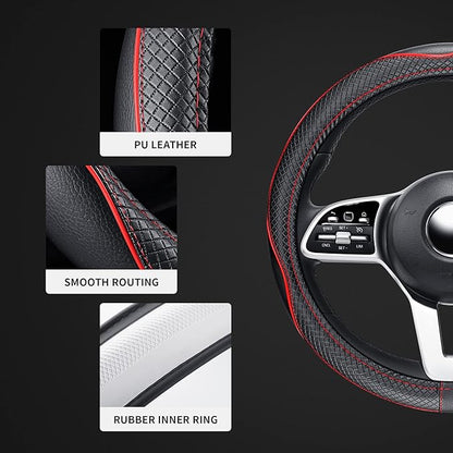 GXT Steering Wheel Cover, PU Leather, Universal 15 Inches, Non-Slip, Odourless Car Interior (Black Red)