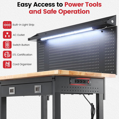 Workbench with Wheels 60 Inch Heavy Duty Rubberwood Tabletop Work Bench for Garage Adjustable Height Work Table with Pegboard, Drawers, Power Outlets for Woodworking, Home, Office, Workshop