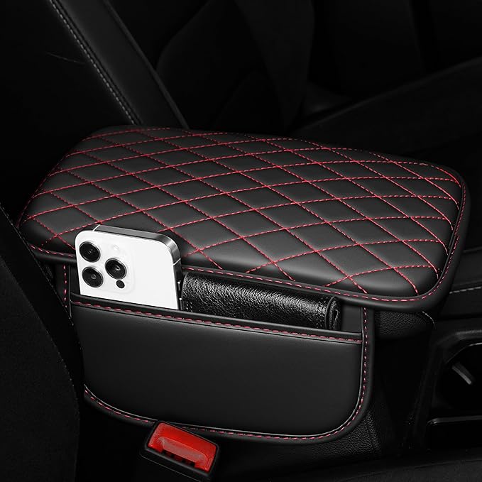 Center Console Cover for MDX: Armrest Cover for Car with 2 Storage Bags - Scratch & Wear Resistant & Waterproof Leather Console Cover,Anti-Scratch Auto Armrest Pad Accessory （Black&Red