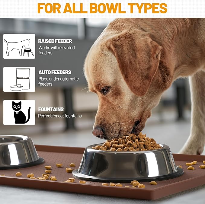 Hubulk Dog Feeding Mat,100% Waterproof Food Grade Silicone Pet Food and Water Bowl Placemat,Dishwasher, High Raised Edge to Prevent Spills,Nonslip Tray to Stop Messes on Floor（28"x18"x0.8", Brown）