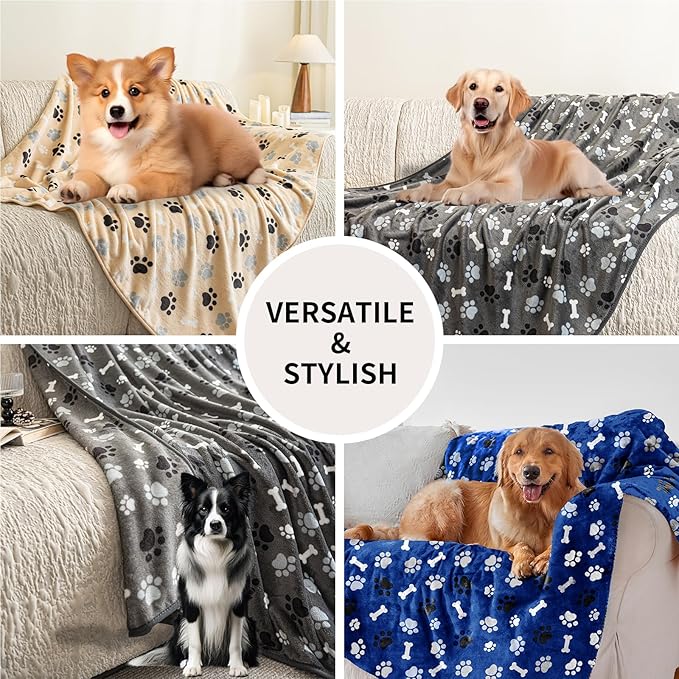 AIWEK Dog Blanket Paw Bone Pattern 1 Pack 3 Colorful 40"*30" Super Soft Warm Flannel Sofa Cover Car Bed Protector, Urine Proof Washable Outdoor Pet Blanket for Puppy Large Dogs & Cats