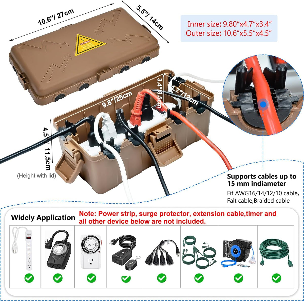 Hrensaw Medium Outdoor Electrical Box(10.6x5.5x4.5inch),Weatherproof Connection Box w/6 Cable Entry,IP54 Waterproof Extension Cord Cover Protect Power Strip,Timer,Plug,Holiday Lights,Brown