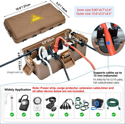 Hrensaw Medium Outdoor Electrical Box(10.6x5.5x4.5inch),Weatherproof Connection Box w/6 Cable Entry,IP54 Waterproof Extension Cord Cover Protect Power Strip,Timer,Plug,Holiday Lights,Brown