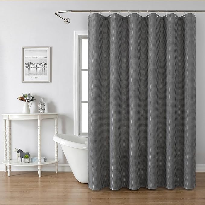 meioro Grey Shower Curtain, Waffle Weave 256GSM Heavy Duty Textured Fabric Shower Curtains for Bathroom Hotel Spa, Luxury Weighted Polyester Cloth Bath Curtain Set with 12 Hooks, 72Wx72H