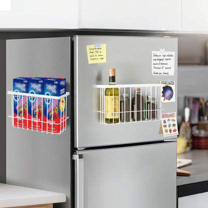 Magnetic Basket for Fridge, Magnetic Fridge Basket, Foil and Plastic Wrap Organizer with 4 hooks, Laundry Room Organization for Dryer Ball, Cling Film, Mail, Umbrella, White, 2 Pack