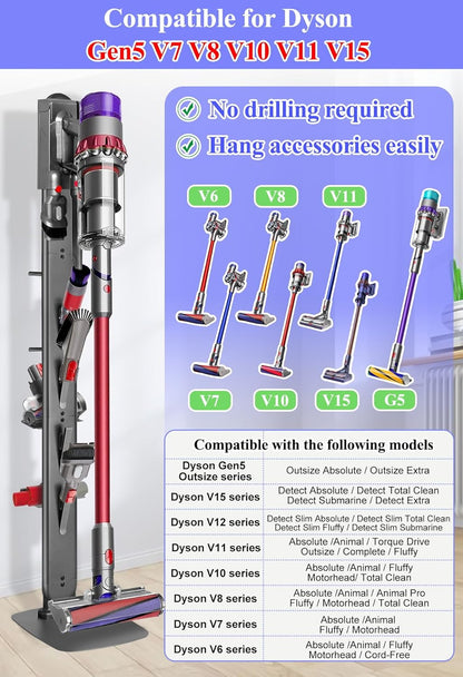 Haturi Premium Vacuum Stand for Dyson Gen5 V15 V12 V11 V10 V8 V7 V6, Metal Attachment Holder with 4 Hooks & 4 Shelves, Hidden Cord Design, Space-Saving Storage Organizer for Dyson Cordless Vacuums
