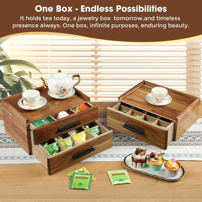 Acacia Wood Tea Bag Organizer with Gift Box, Double-Drawer Tea Box - Tea Accessories for Tea Organizer and Storage Box, Tea Station Chest Caddy for Countertop Cabinet Office(21-Compartment)