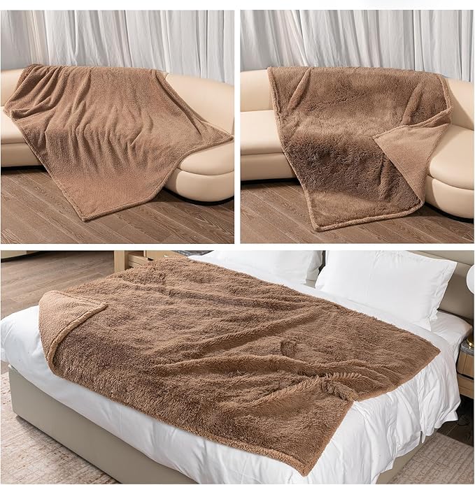 Wowchine Waterproof Calming Dog Bed Covers Pets Blanket for Large Dogs Cats Brown Fluffy Long Faux Fur Pet Blankets Reversible Couch Sofa Cover Washable Love Bed Mats(Brown,XL-85x57in)