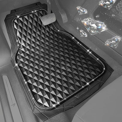 CAR PASS Bling Diamond Rubber Car Mats, Heavy Duty Deep Dish All-Weather Floor Mat Full Set Anti-Slip 3D Rhombus Waterproof Trim to Fit Liner Universal Glitter Sparkly Shining Rhinestone, 3 Pcs Black