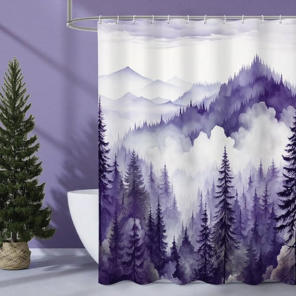 Litabel Purple Long Misty Pine Forest Shower Curtain 72 x 78, Mountain Foggy Woodland Scenery Tree 78 Inch Long Shower Curtains for Bathroom, Abstract Waterproof Nature-Themed Decor