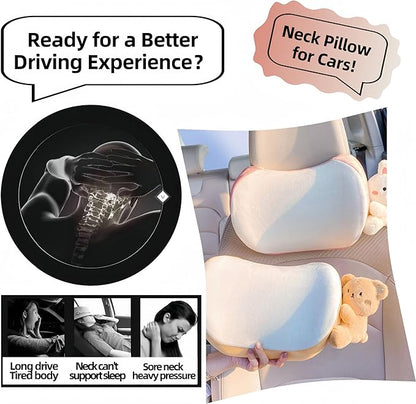 Car Headrest Pillow 2PCS Bear or Bunny Car Seat Neck Pillow Car Decor Memory Foam Neck Support Cushions for Comfortable Driving, Easy Install & Washable (Pink)