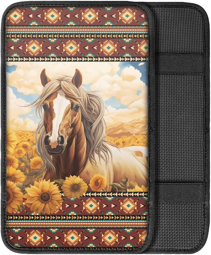 Aztec Horse Center Console Cover for Cars, Non-Slip Car Armrest Cover Auto Armrest Box Cover Horse Cars Interior Accessories Universal Fit Most Vehicle Trucks