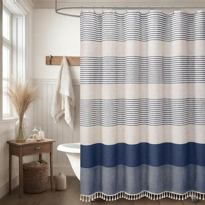 XOGUIBO Navy Blue Shower Curtain Linen Coastal Ocean Striped Shower Curtains for Bathroom with Tassel 60 X 72