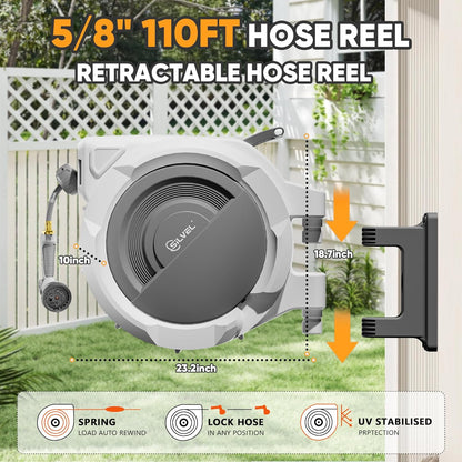 SILVEL Retractable Garden Hose Reel – 5/8 in x 110FT Heavy Duty Automatic Hose Reel Wall Mounted, Upgraded UV Resistant with 10 Pattern Nozzle, Any Length Lock & Slow Return System, 180°Swivel Bracket