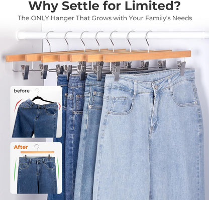 HOUSE DAY Wooden Pants Hangers with Clips, Solid Lotus Deluxe Wood Skirt Hangers, Heavy Duty & Anti-Rust Hook for Wrinkle-Free Slacks, Skirts, Jeans, Space Saving for Closet 20 Pack (Natural)