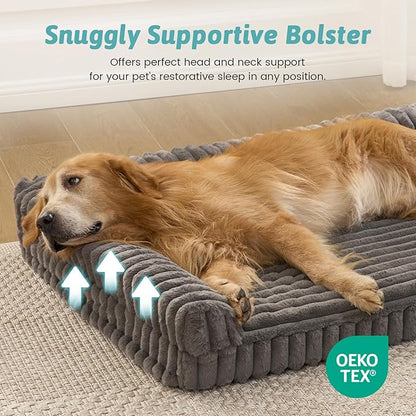 COZY KISS Cute Dog Bed, Faux Rabbit Fur Orthopedic Foam Dog Bed with Sides, Removable Washable Cover & Waterproof Lining, Comfortable Pet Couch for Large Dogs, Grey (44" L x 32" W x 7" Th)