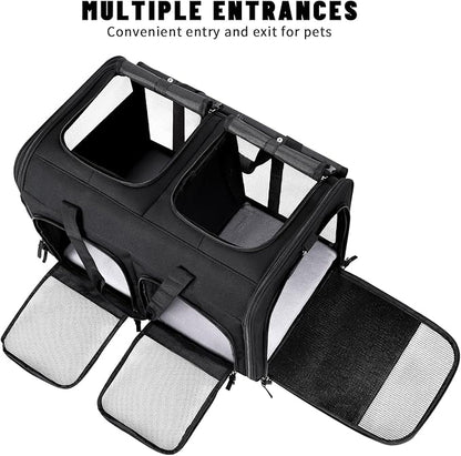 Groxkox Cat Carrier for 2 Cats, Foldable Double Cat and Dog Carrier, Small to Medium Size, 2 Front Zippered Compartments,Two Pets Carrier for Outdoor Travel,Mulitple Cat Carrier (Black)