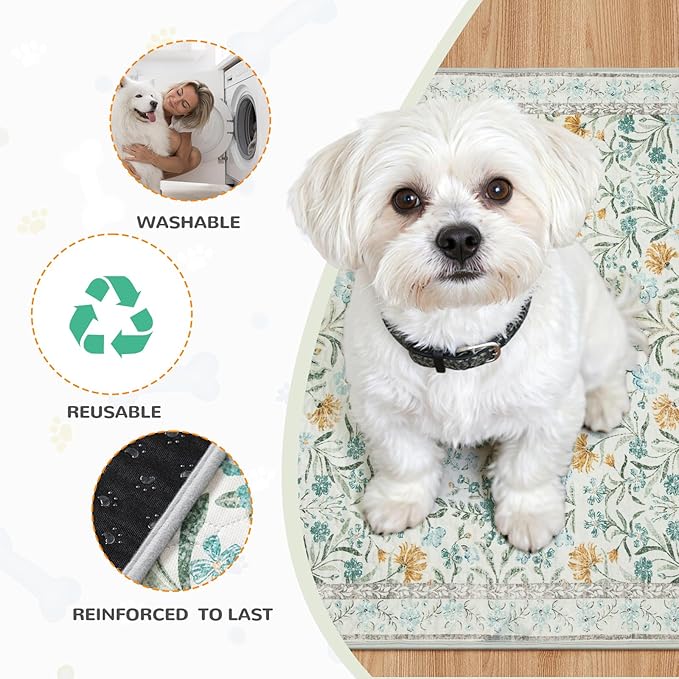 Lahome Washable Reusable Pee Pads for Dogs - Beige Botanical Floral 2 Pack Puppy Pads, Super Absorbent & Waterproof Training Mats for Crate & Floor - Leakproof with Non-Slip Backing (36"x36")