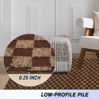 Custom Size Backed Non-Slip Area Rugs Runner, Easy Clean, Waterproof Runner Rugs for Hallway Entryway, Kitchen, Laundry, 3FT x 45FT, Brown Checkered