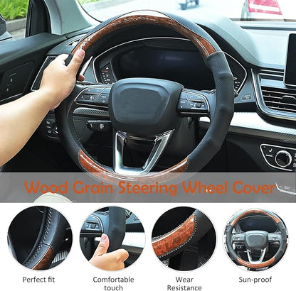 Wood Grain Steering Wheel Cover Car Steering Wheel Covers 14.5-15 inch with Coasters Microfiber Leather Splicing Breathable Anti-Slip Durable Universal Auto Steering Wheel Protective