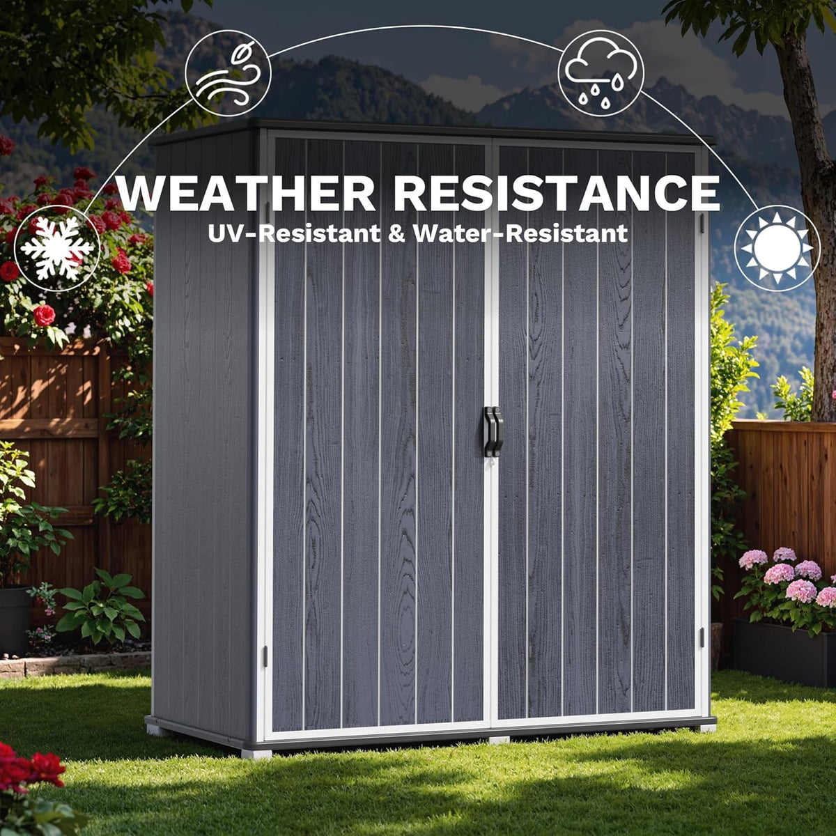 Devoko 5 x 3 Resin Outdoor Storage Shed with Floor - Waterproof Plastic Outdoor Tool Cabinet with Lockable Doors for Patio Furniture, Pool Accessories, Garden Tools (Deep Gray)