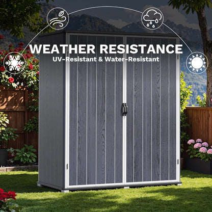 Devoko 5 x 3 Resin Outdoor Storage Shed with Floor - Waterproof Plastic Outdoor Tool Cabinet with Lockable Doors for Patio Furniture, Pool Accessories, Garden Tools (Deep Gray)