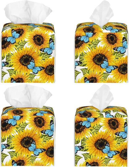 Sunflowers and Blue Butterflies Tissue Box Cover Square,Watercolor Sunflower Tissue Box Holder Waterproof Leather Facial Paper Organizer Dispenser for Bathroom Home Car Nightstand Vanity Desk