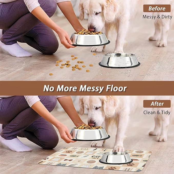 Cute Cat Toy Print Dog Food Mat for Floors,Absorbent Pet Food and Water Bowl Mats,Non-Slip Pet Feeding Mat,Pet Supplies 16" x 24"