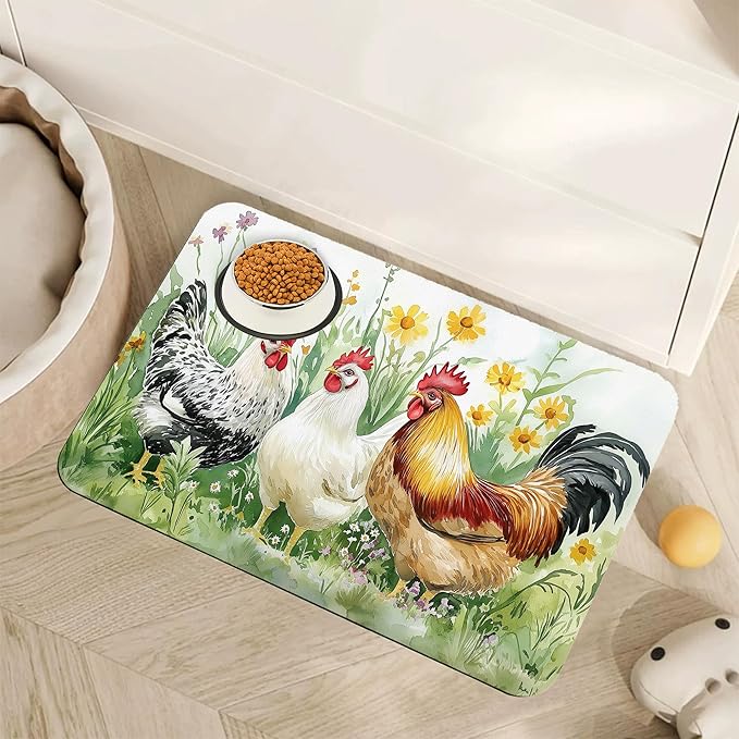 Chicken Rooster Dog Food Mat for Floors,Farm FlowerAbsorbent Pet Food and Water Bowl Mats,Non-Slip Pet Feeding Mat,Pet Supplies 16" x 24"