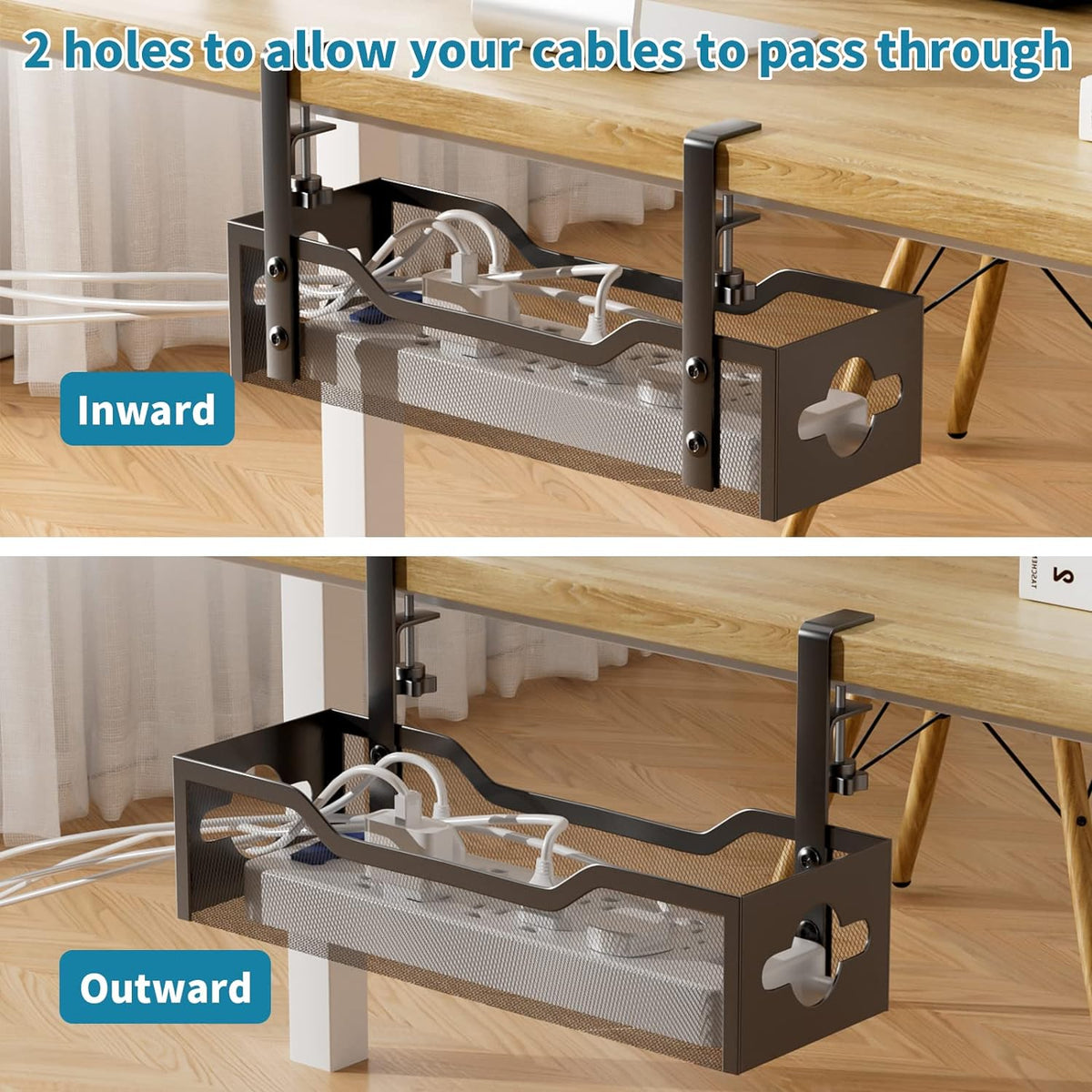 Under Desk Cable Management Tray No Drill, Metal Mesh Cable Management Under Desk with Clamp Mount, 2 Hole Cable Tray with Wire Management and Cord Organizer for Home Office Standing Desk