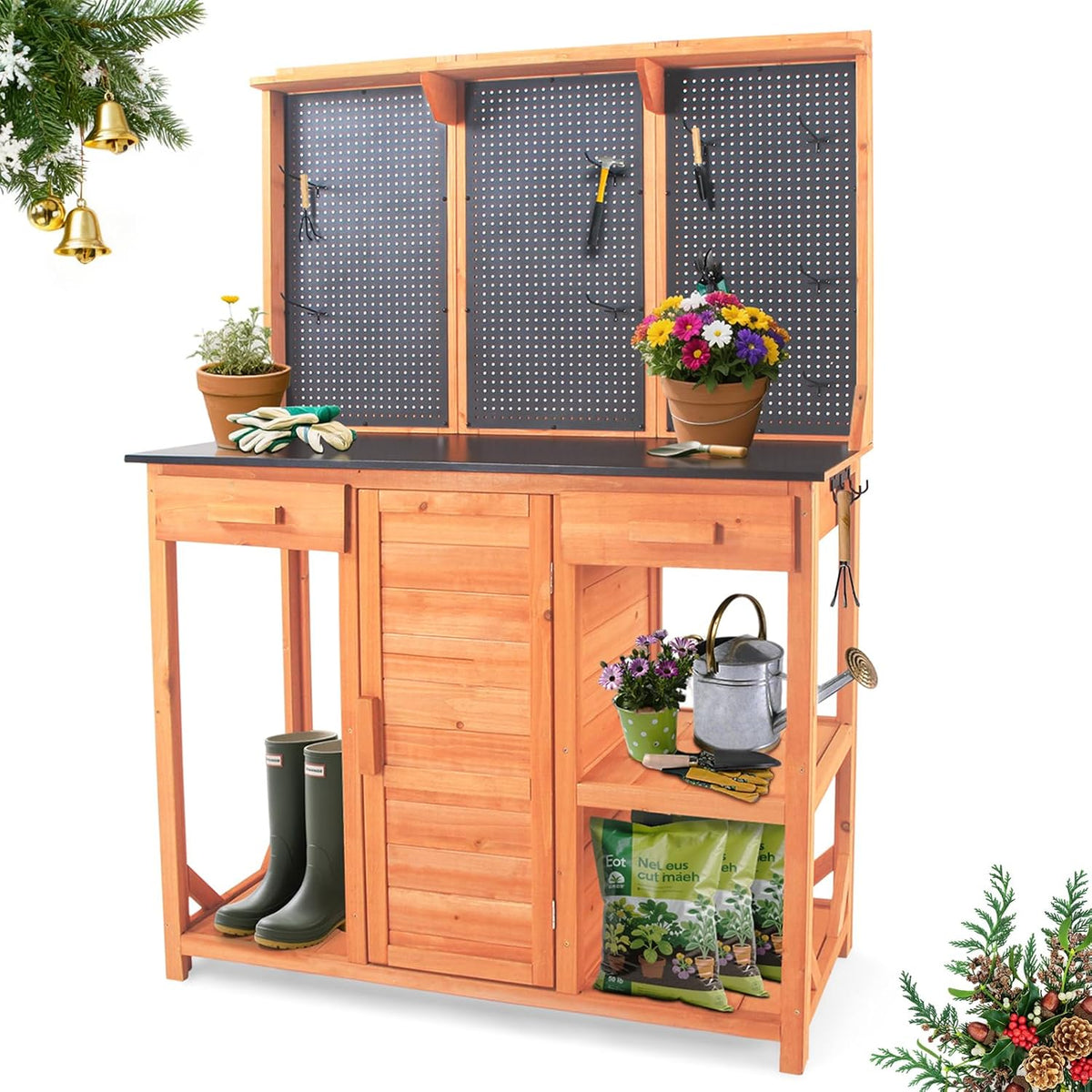 Outdoor Potting Bench,Wooden Potting Table with Metal Tabletop,Garden Work Bench with Drawer and Free Matching Storage Cabinet Shelf/Hooks for Backyard,Patio,Greenhouse (Black, 44 * 20 * 63in)