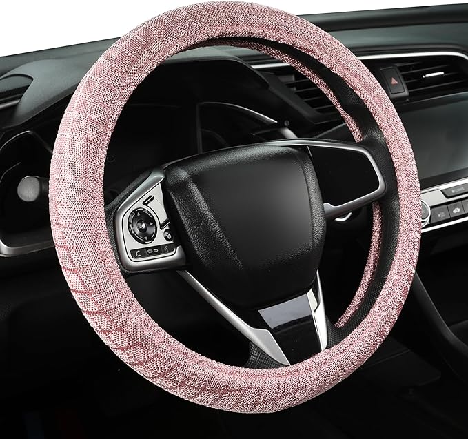 Auto Newer Breathable Steering Wheel Cover Suitable For Four Seasons，Anti-Slip Design，Odorless，Easy Carry ，Unviersal Fit for Truck SUV Sedans Vans，Interior Accessories Standard Size[14" 1/2-15"]（Pink）