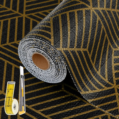 Shelf Liners for Kitchen Cabinets 12in x 30FT, Non Adhesive Cabinet Liner Strong Non-Slip Black Gold Geometric Drawer Liner, Easy to Clean for Shelf, Cabinet with Knife and Tape Measure