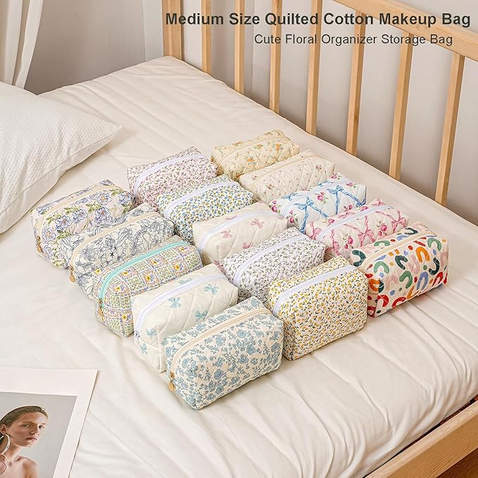 Gleyemor Small Quilted Makeup Bag for Women, Cute Floral Bow Cosmetic Bag, Emergency Bag Travel Toiletry Cotton Pouch Gifts for Girls Her Mom Friend Sister Bridesmaid (Navy Floral)