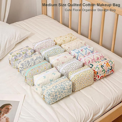 Gleyemor Small Quilted Makeup Bag for Women, Cute Floral Bow Cosmetic Bag, Emergency Bag Travel Toiletry Cotton Pouch Gifts for Girls Her Mom Friend Sister Bridesmaid (Navy Floral)