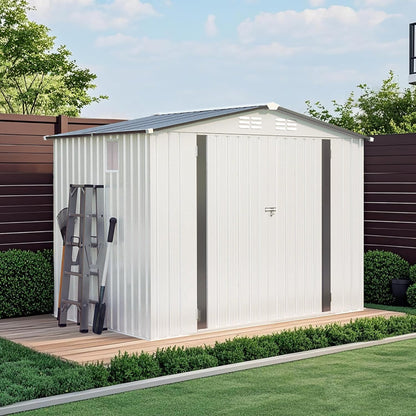 Metal Storage Shed, 8X6 FT Lockable Outdoor Tool Shed with Air Vent and Clear Windows, Galvanized Steel Garden Shed for Backyard, Patio, Garden, Bike Storage or Outdoor Use, Grey