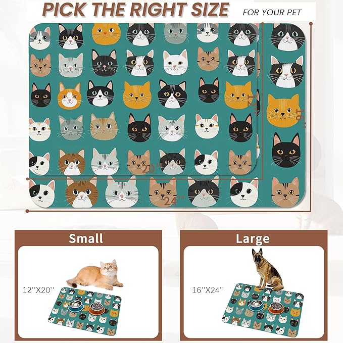 Cute Cat Dog Food Mat,Absorbent Pet Feeding Mat with Rubber Backing,Non-Slip Water Bowl Placemat,Indoor Pet Accessories Supplies 16"x24"