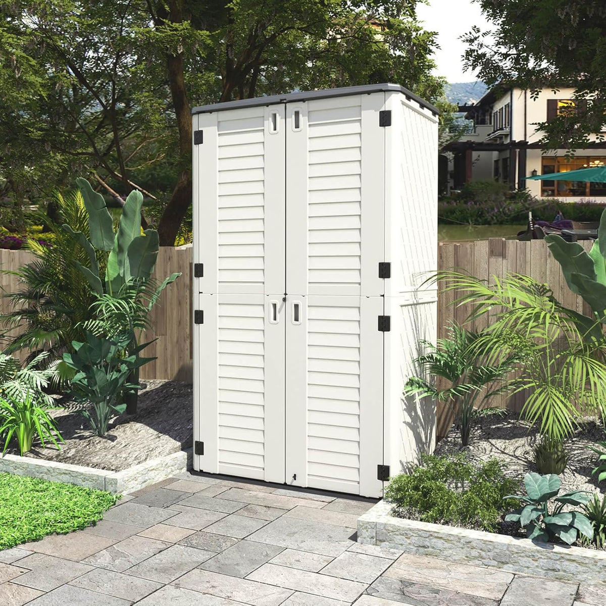 HOMSPARK Storage Shed Weather Resistance, Multi-Purpose Outdoor Storage Cabinet Waterproof, Outdoor Storage Cabinet for Garbage Cans, Lawnmower, Garden Accessories (White, Tall shed-53 cu ft)