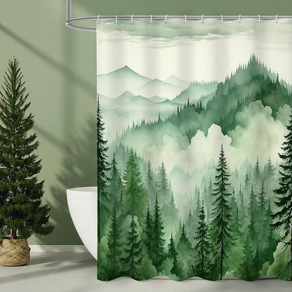 Litabel Green Misty Pine Forest Shower Curtain, Mountain Foggy Woodland Scenery Tree Shower Curtains for Chic Rustic Bathroom, Abstract Modern Waterproof Nature-Themed Decor, 72x72 Inches