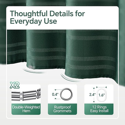 TURKIO 54inch Wide Narrow Dark Green Shower Curtain Waffle Weave Shower Curtain Striped Fabric Shower Curtains for Bathroom, Green Bathroom Decor, (54Wx72H, Dark Green)