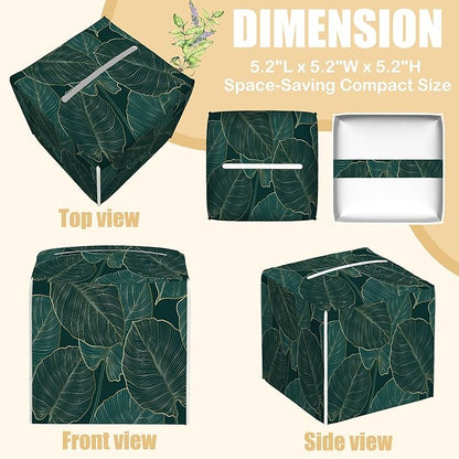 BLYKVGHQ Tropical Green Leaves Tissue Box Cover Square, Golden Line Art Tissue Box Holder with Bottom Belt Leather Facial Paper Organizer Dispenser for Bathroom Bedroom Dresser Night Stand Tabletop