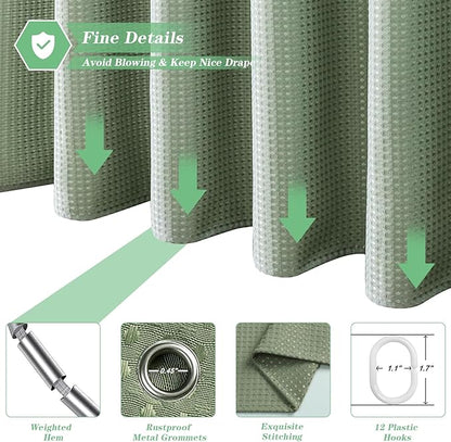 meioro Sage Green Shower Curtain, Waffle Weave 256GSM Heavy Duty Textured Fabric Shower Curtains for Bathroom Hotel Spa, Luxury Weighted Polyester Cloth Bath Curtain Set with 12 Hooks, 60Wx72H
