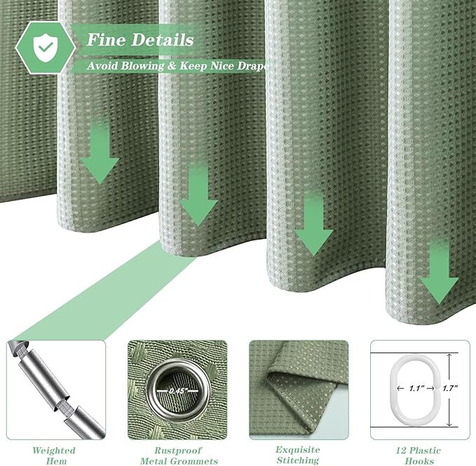 meioro Sage Green Shower Curtain, Waffle Weave 256GSM Heavy Duty Textured Fabric Shower Curtains for Bathroom Hotel Spa, Luxury Weighted Polyester Cloth Bath Curtain Set with 12 Hooks, 72Wx96H