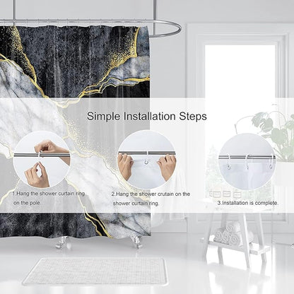 Domoku Marble Waterproof Shower Curtain with Hooks, Machine Washable Easy-Care Fabric Bathroom Curtain for Tub or Shower (Black, 72" W x84 L)